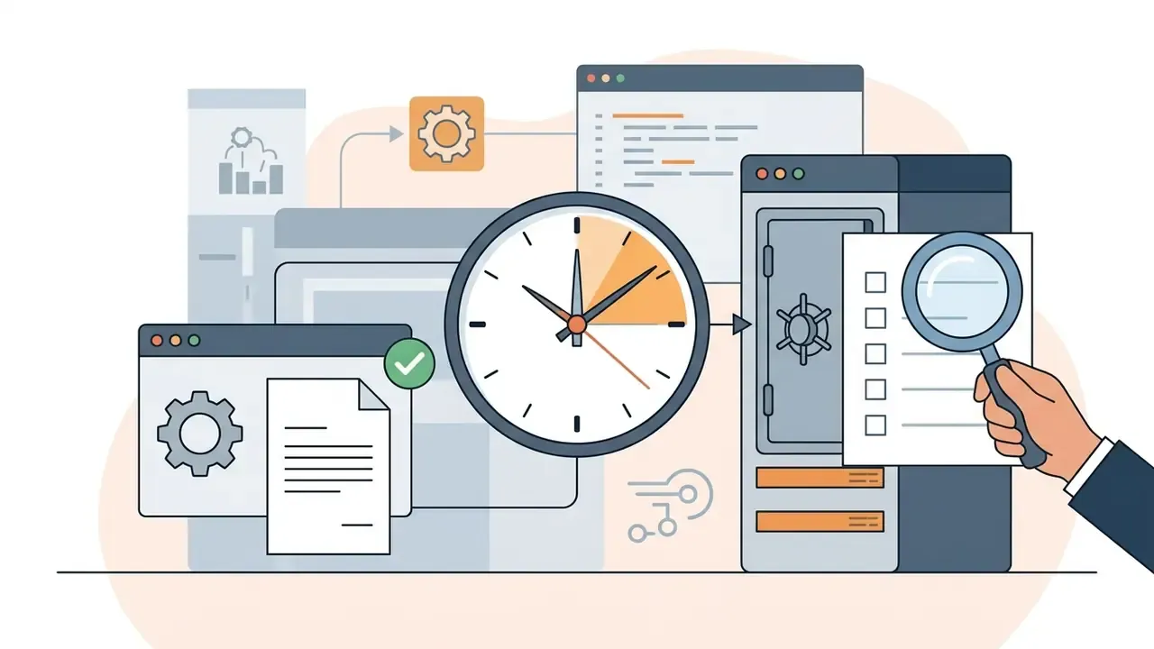 Clock icon connecting a digital document to a server vault being inspected with a magnifying glass