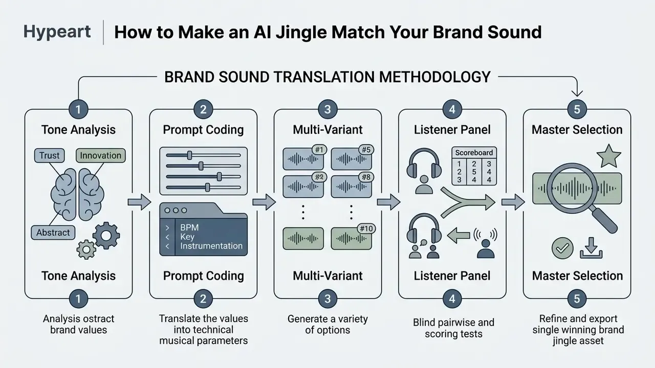Five-step process diagram illustrating the translation of brand values into a final musical audio asset