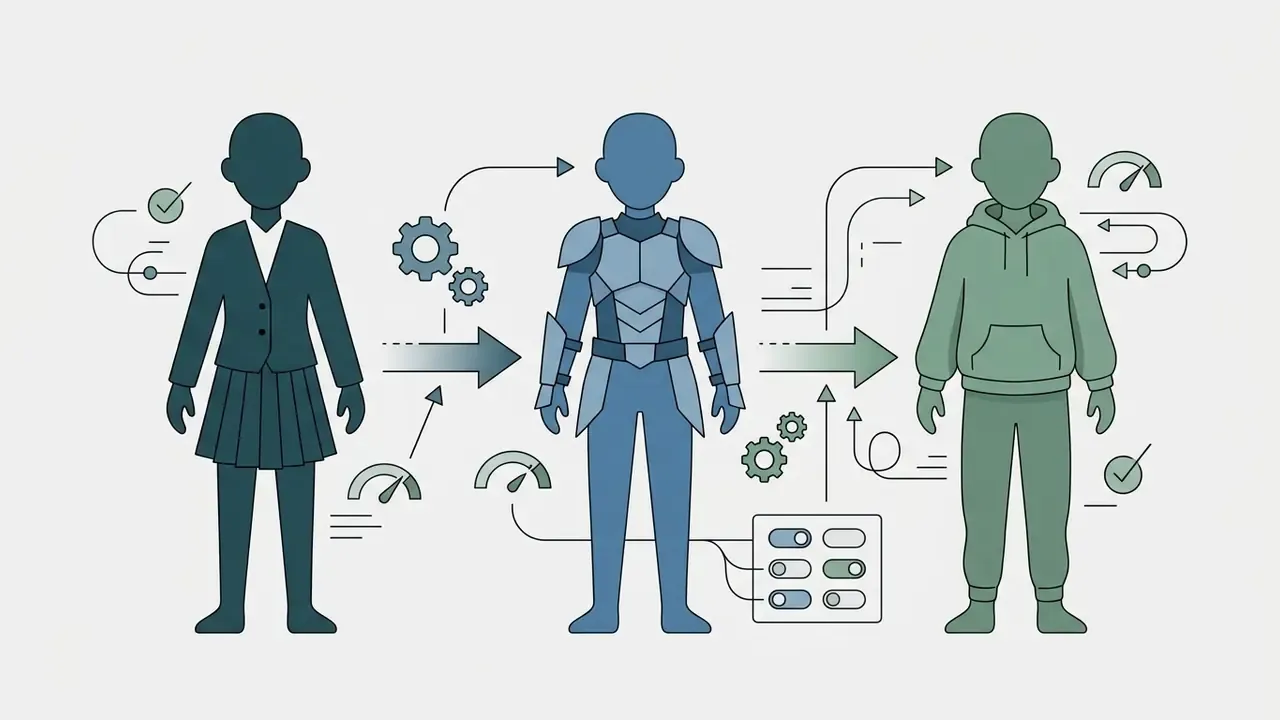 Three silhouettes of a person wearing a school uniform, battle armor, and a hoodie connected by arrows