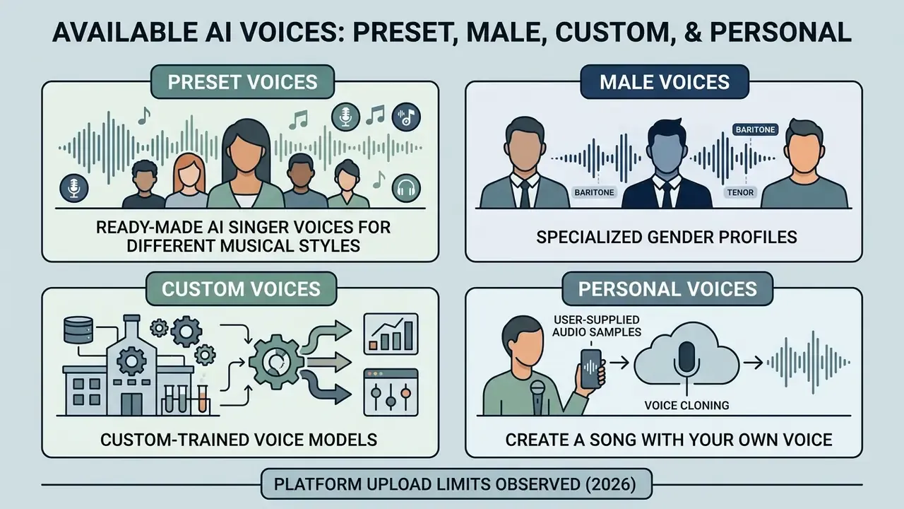 Four quadrants detailing categories of vocal models including preset, gender-specific, custom, and cloned