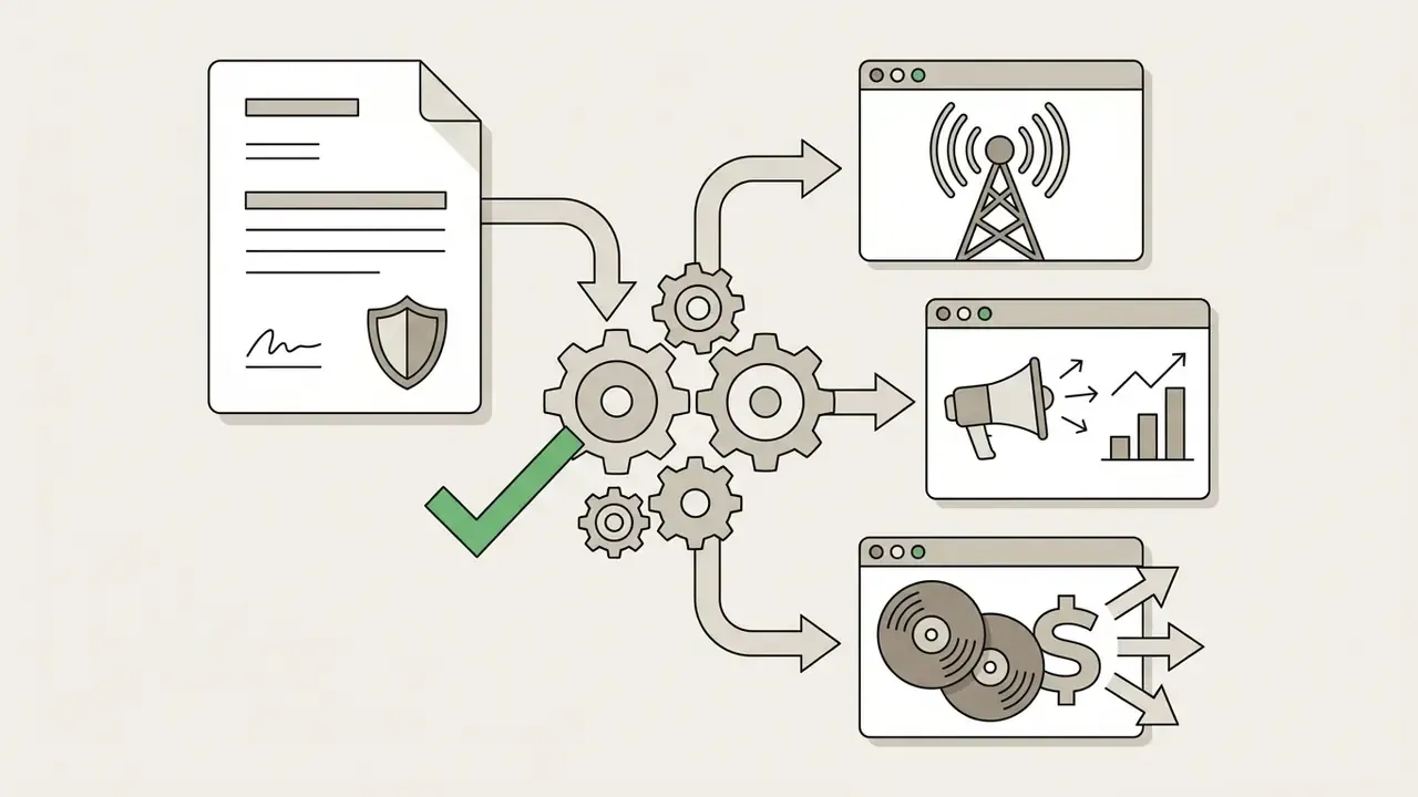 Legal document with a shield icon feeding into a gear system that connects to broadcast, advertising, and sales