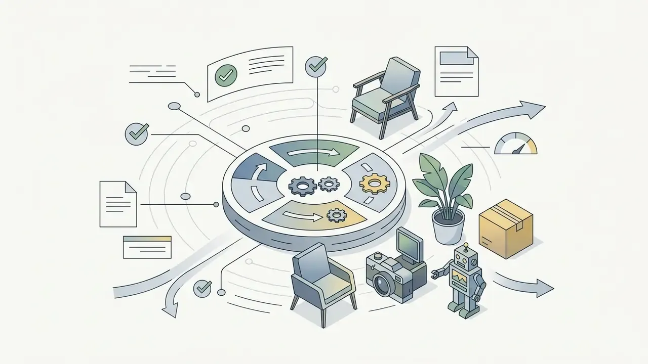 Circular gear mechanism processing various objects like furniture, plants, and toys into output streams