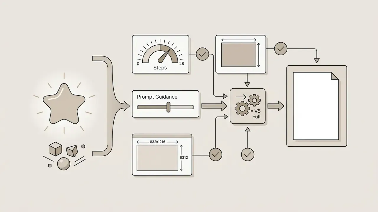 Flowchart showing parameters like steps, guidance, and resolution feeding into a V5 Full processing engine