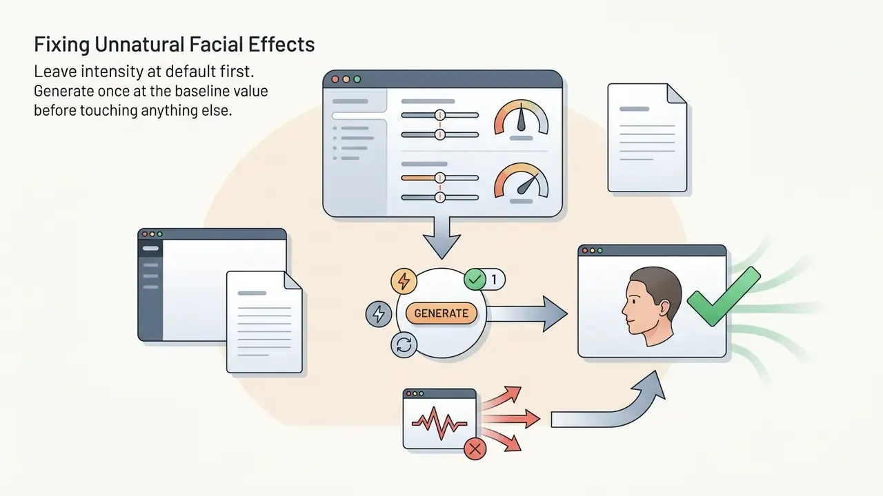 System interface showing slider adjustments, generation button, and result validation for facial refinement