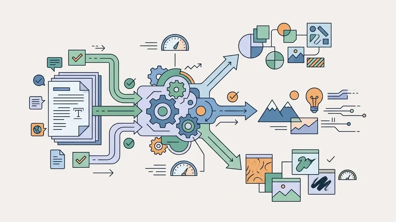 Text documents flowing through a central gear mechanism to branch into diverse visual art outputs