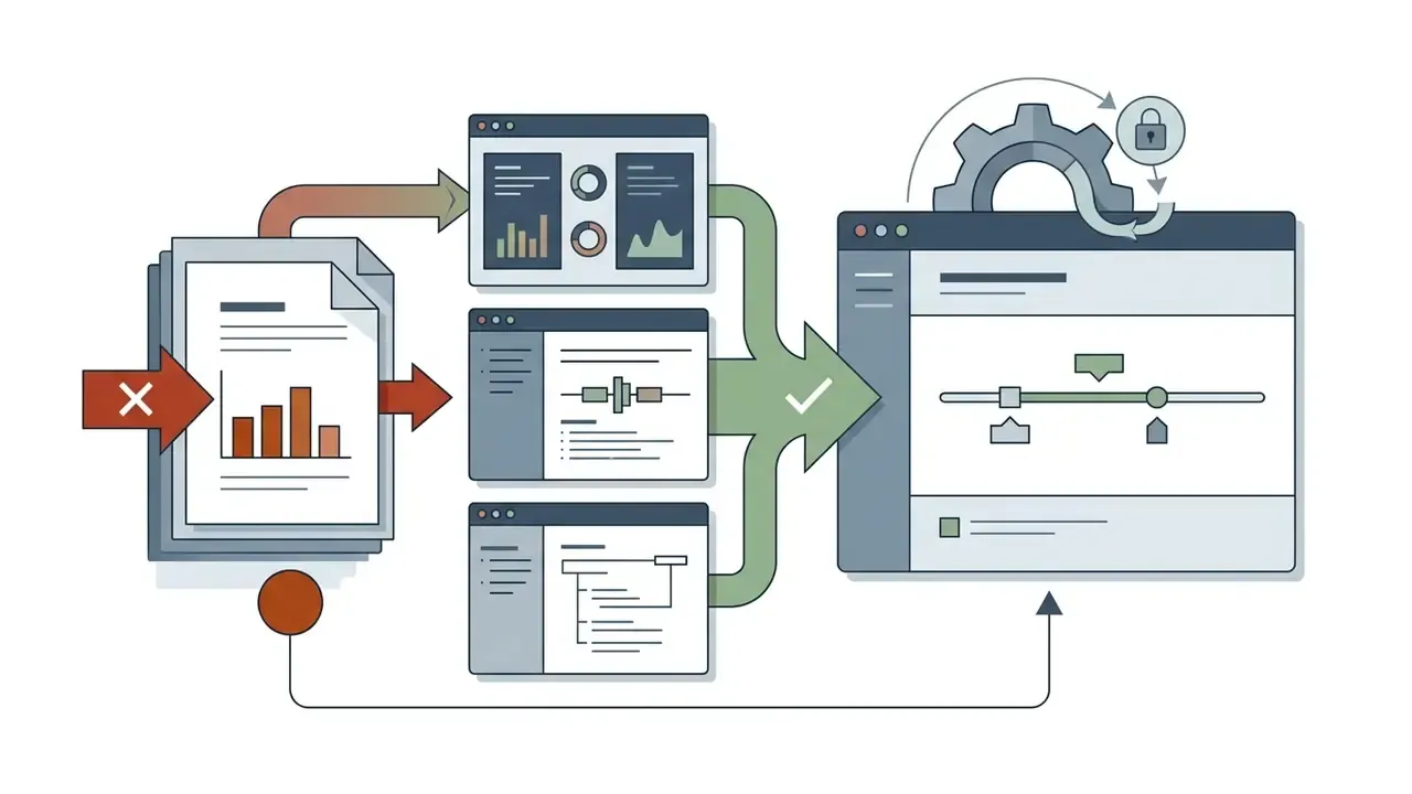 Process showing data documents being analyzed and refined into a final digital output