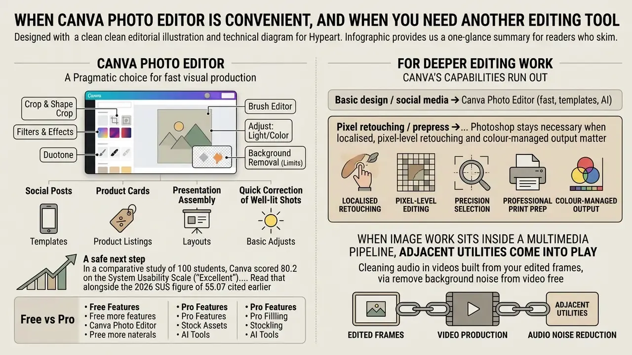 Comparison of design tools showing use cases for quick visual production versus advanced pixel editing