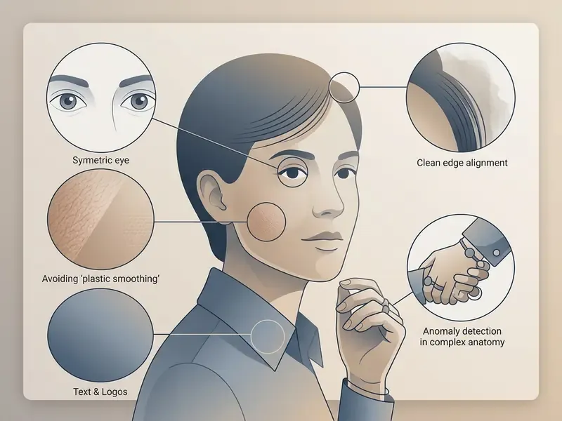 Detailed diagram highlighting key quality checks for an AI portrait generator including skin and eyes