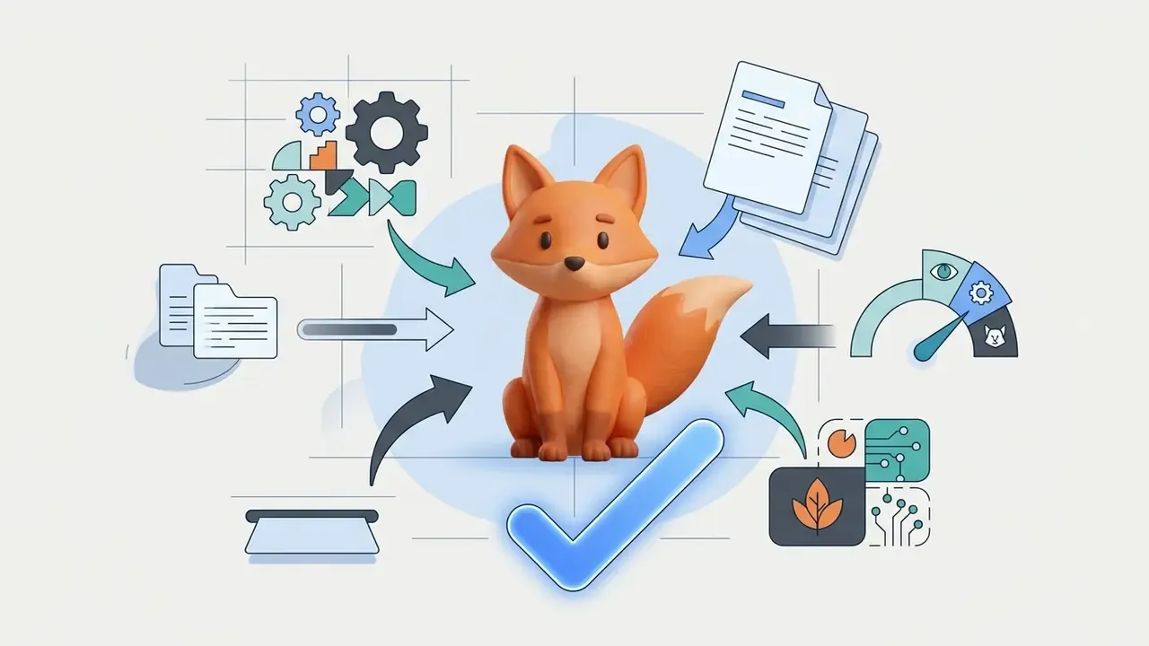 3D cartoon fox surrounded by technical icons representing document processing and workflow automation