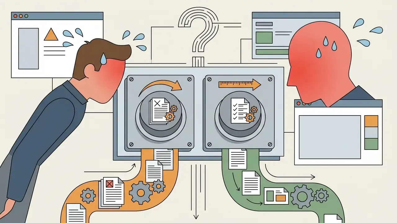 Sweating person choosing between two buttons that feed document processing paths with gears and arrows