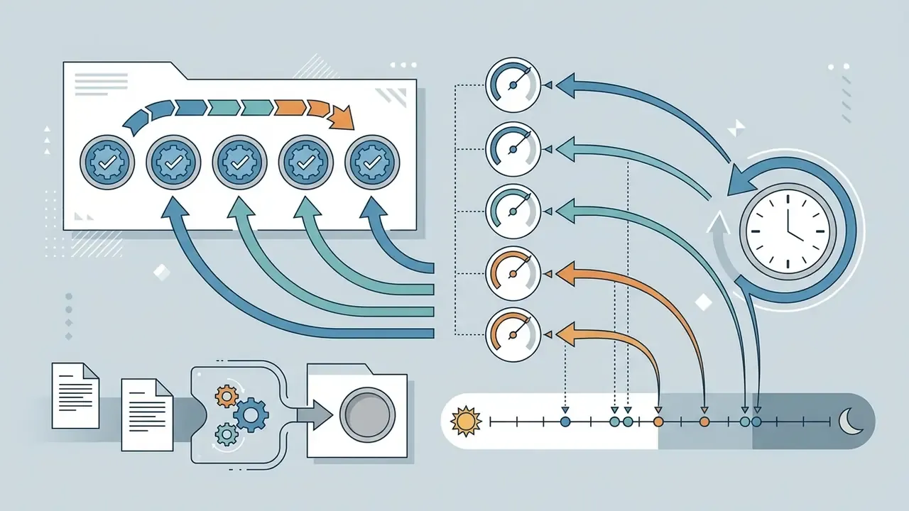 Icons representing individual generation slots linked to a 24-hour clock cycle and timeline