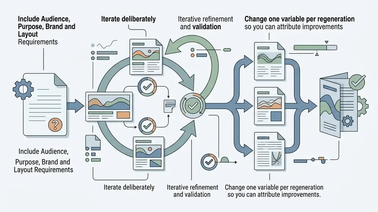Looping process showing document refinement steps leading to multiple output variations and a final brochure