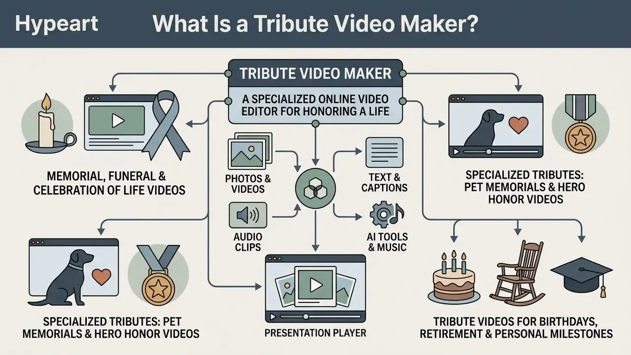 Infographic showing how a tribute video maker organizes media, text, and audio into memorial presentations