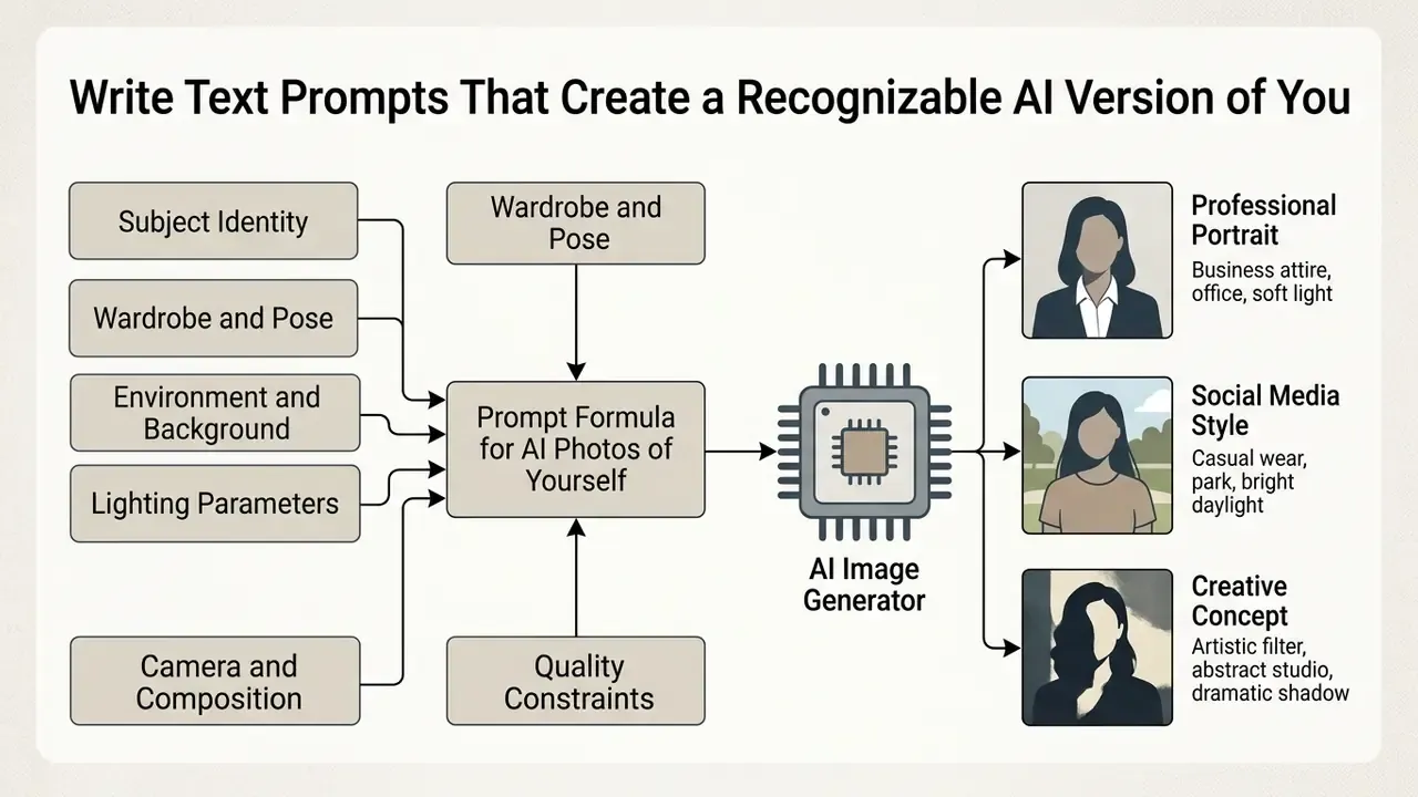 Diagram showing how prompt components feed into an AI generator to produce varied portrait styles