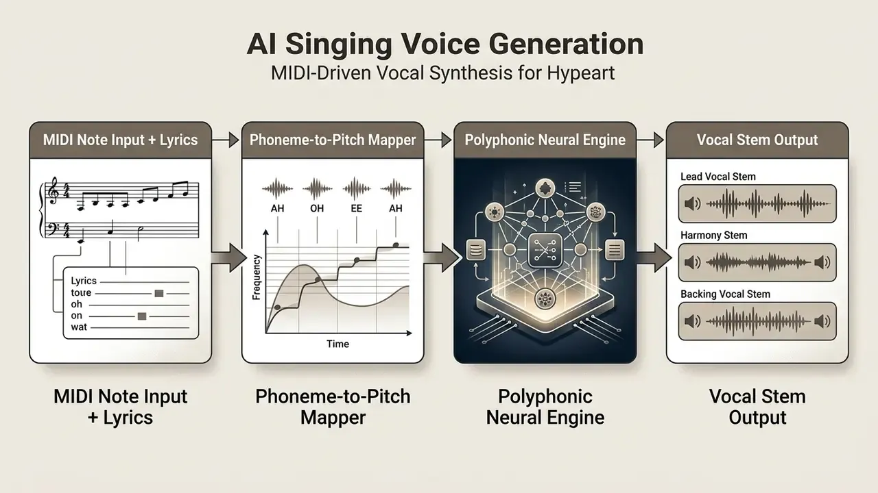 Four-stage sequence from MIDI and lyric input through phoneme mapping and neural processing to vocal stems