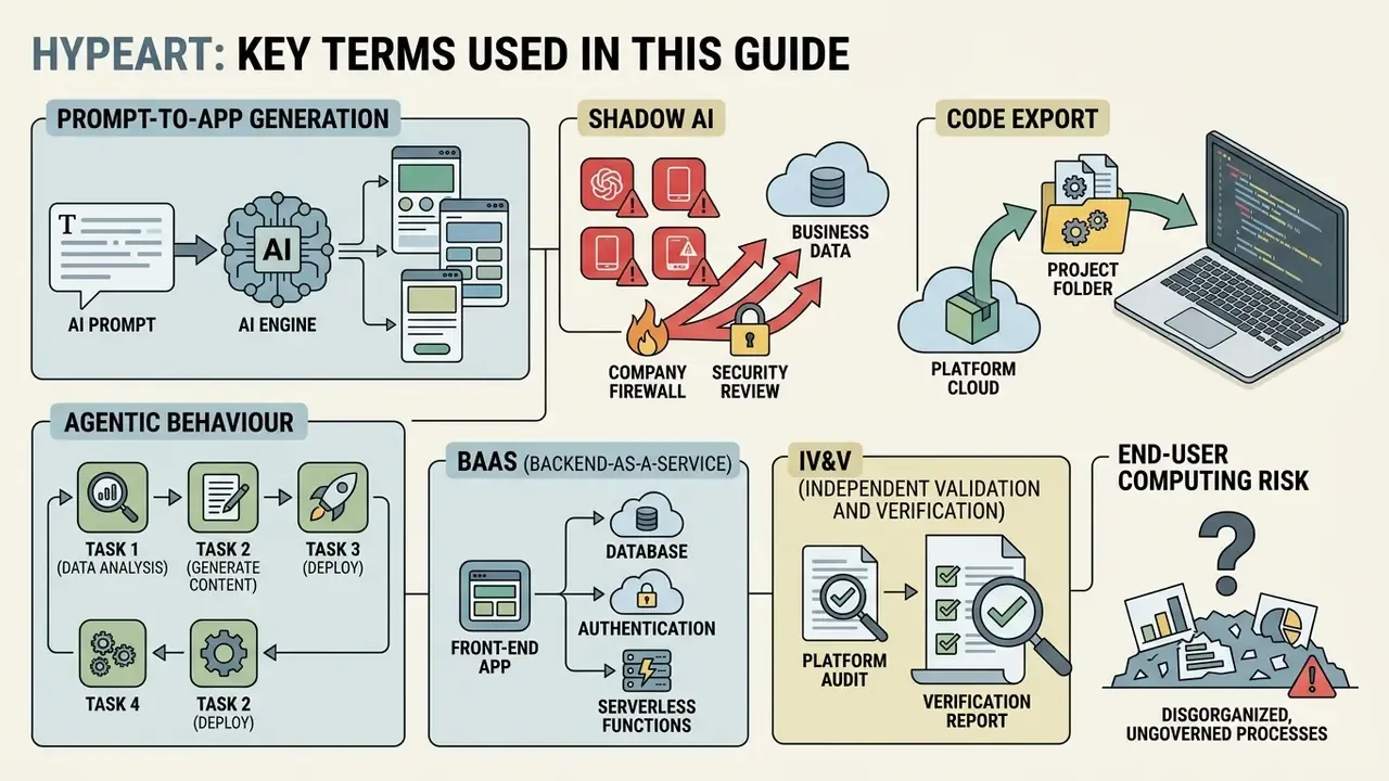 Infographic showing key concepts like prompt-to-app generation, shadow AI, and backend services