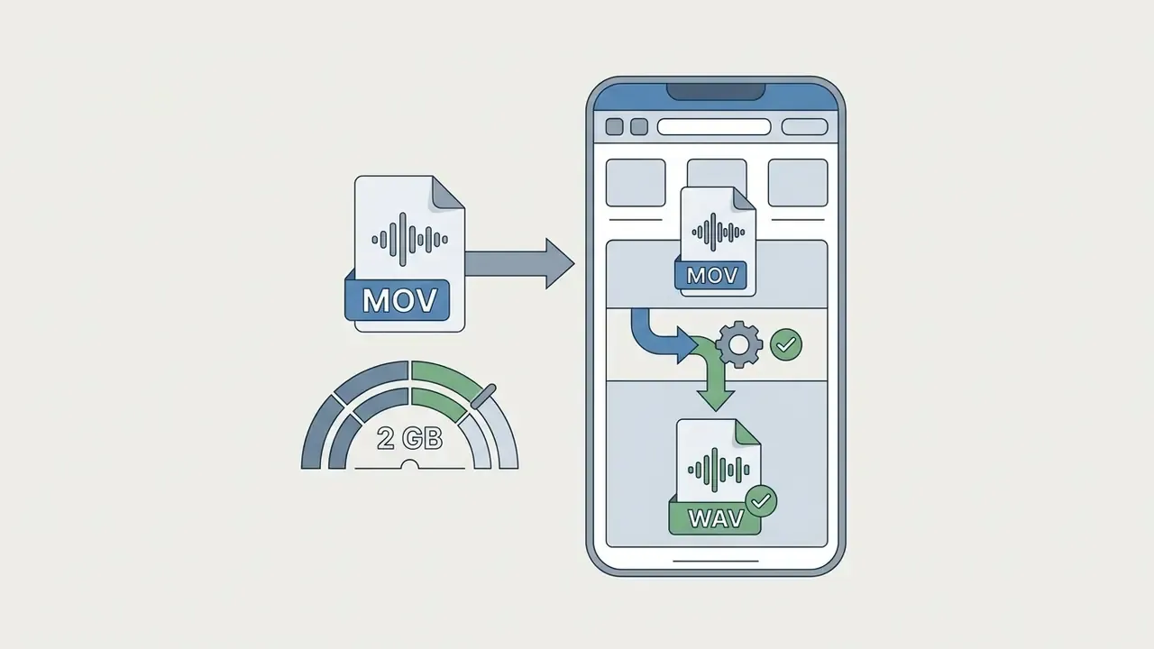 Smartphone interface showing a MOV file being processed to extract audio and save it as a WAV file