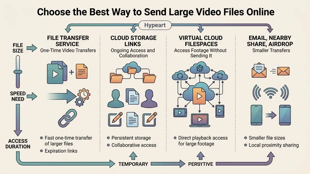 Infographic comparing four methods for sending large video files based on size, speed, and access needs