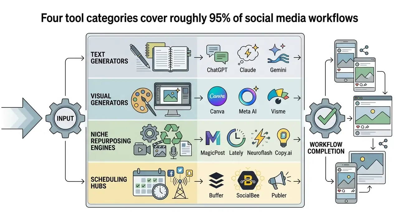 Diagram showing four categories of software tools that process inputs into finished social media posts
