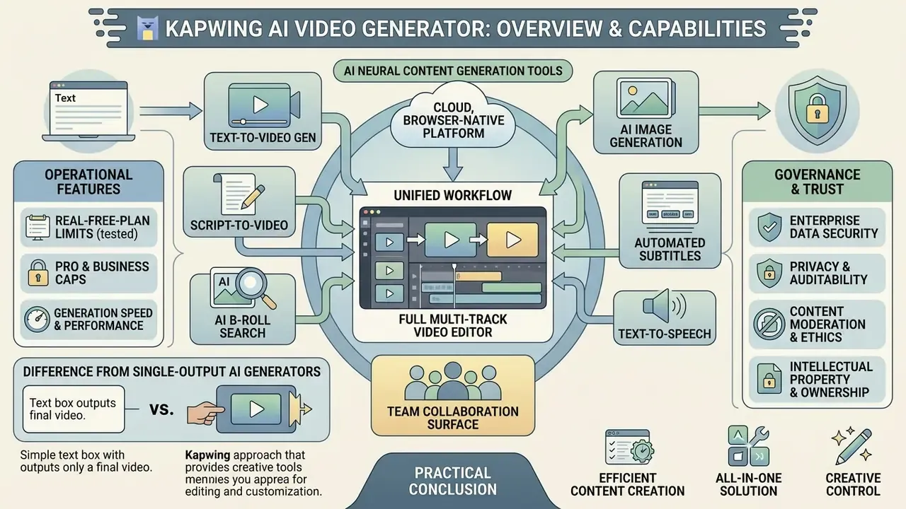 Infographic showing Kapwing AI video generator features, governance, and collaborative editing workflow