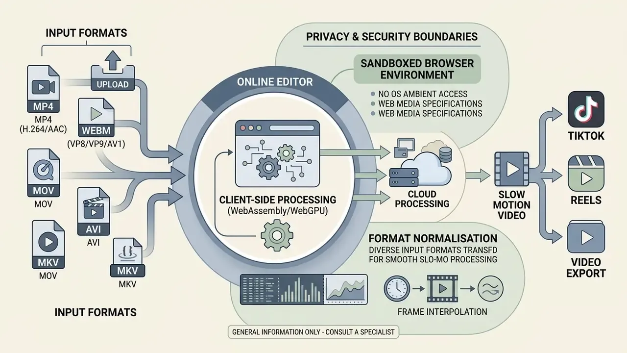 Diagram showing video file upload, client-side browser processing, and final export to social platforms