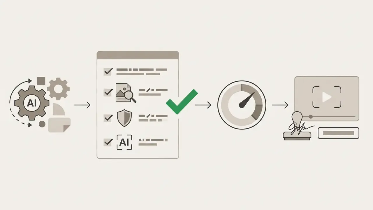 AI processing engine feeding a checklist with a green checkmark into a status gauge and final video approval