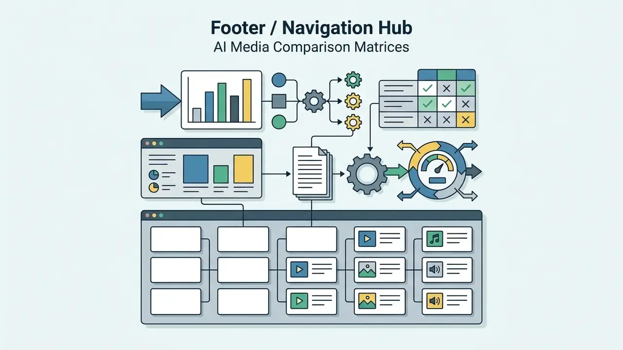 Data charts and gear mechanisms connecting to a grid of media icons and status tables