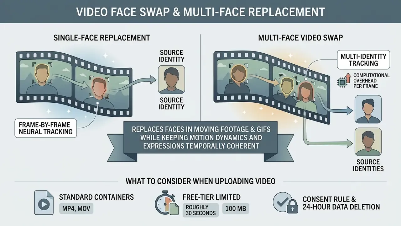 Infographic comparing single-face versus multi-face video swapping processes using neural tracking