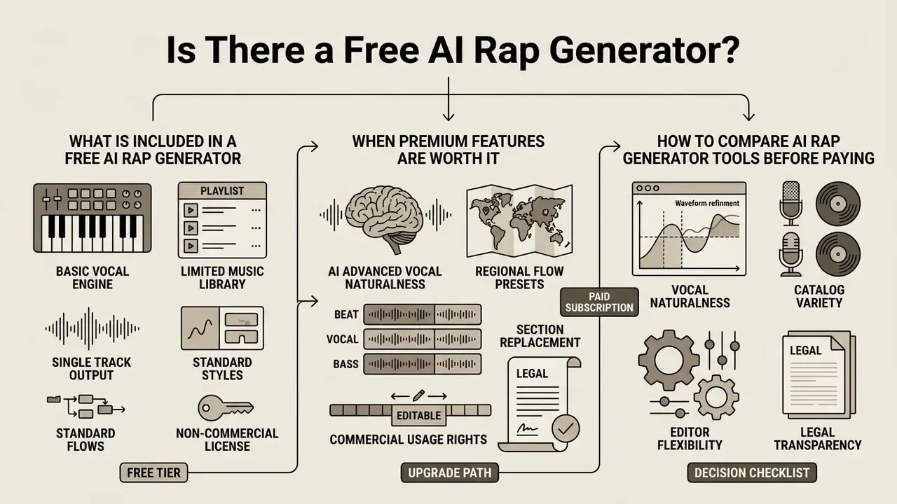Categorized summary of free versus premium music software features including vocal and legal tools