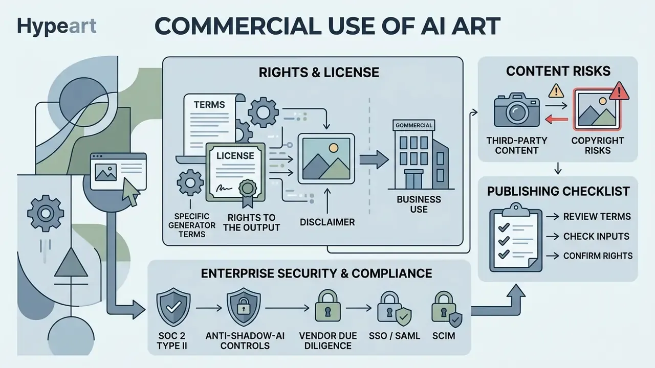 Flowchart outlining legal rights, content risks, and security compliance for commercial AI art usage