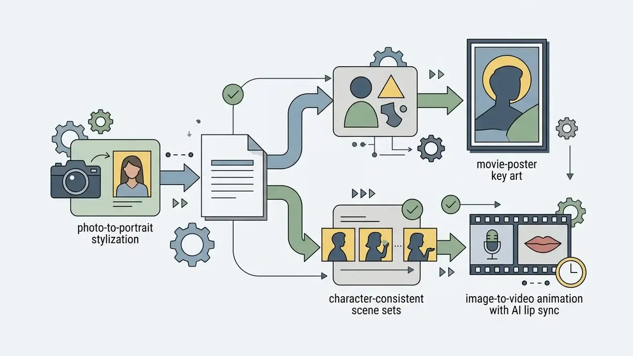 Flowchart showing photo stylization leading to movie poster art and character scene video animation