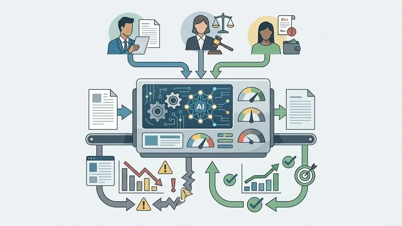 Professional avatars feeding into a central AI processing unit that outputs analyzed data and metrics
