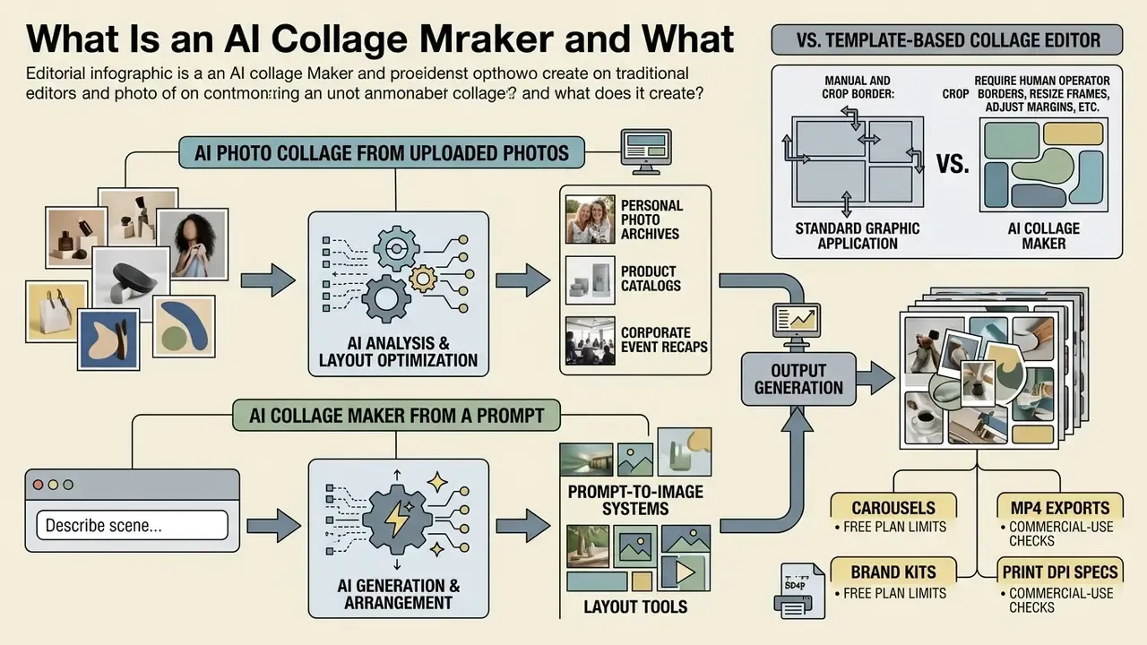 Diagram showing how an AI collage maker processes uploaded photos or text prompts into final layouts