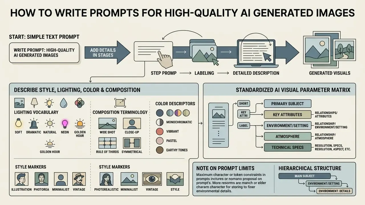 Infographic showing a step-by-step process for building detailed prompts with visual parameter categories