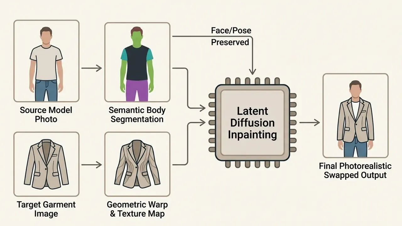 Diagram showing the virtual try-on process from body segmentation and garment warping to latent diffusion