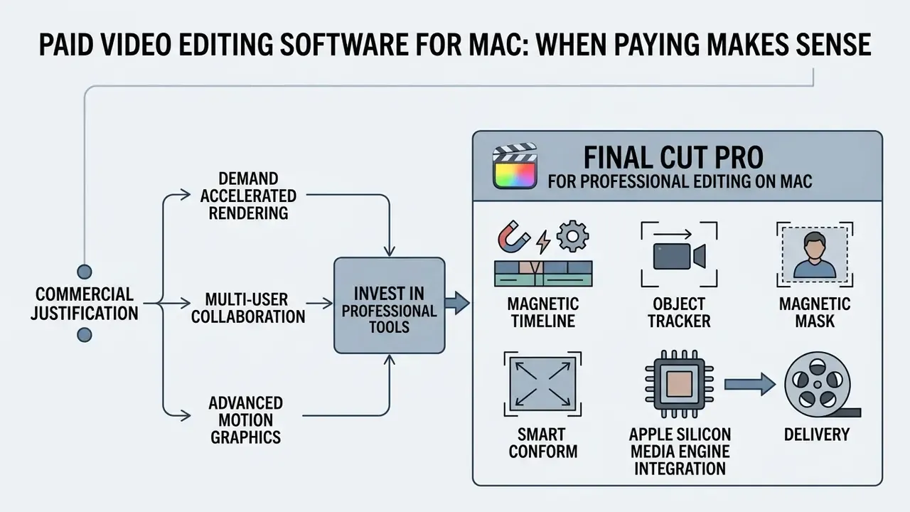 Diagram showing commercial reasons to choose Final Cut Pro and its key professional features