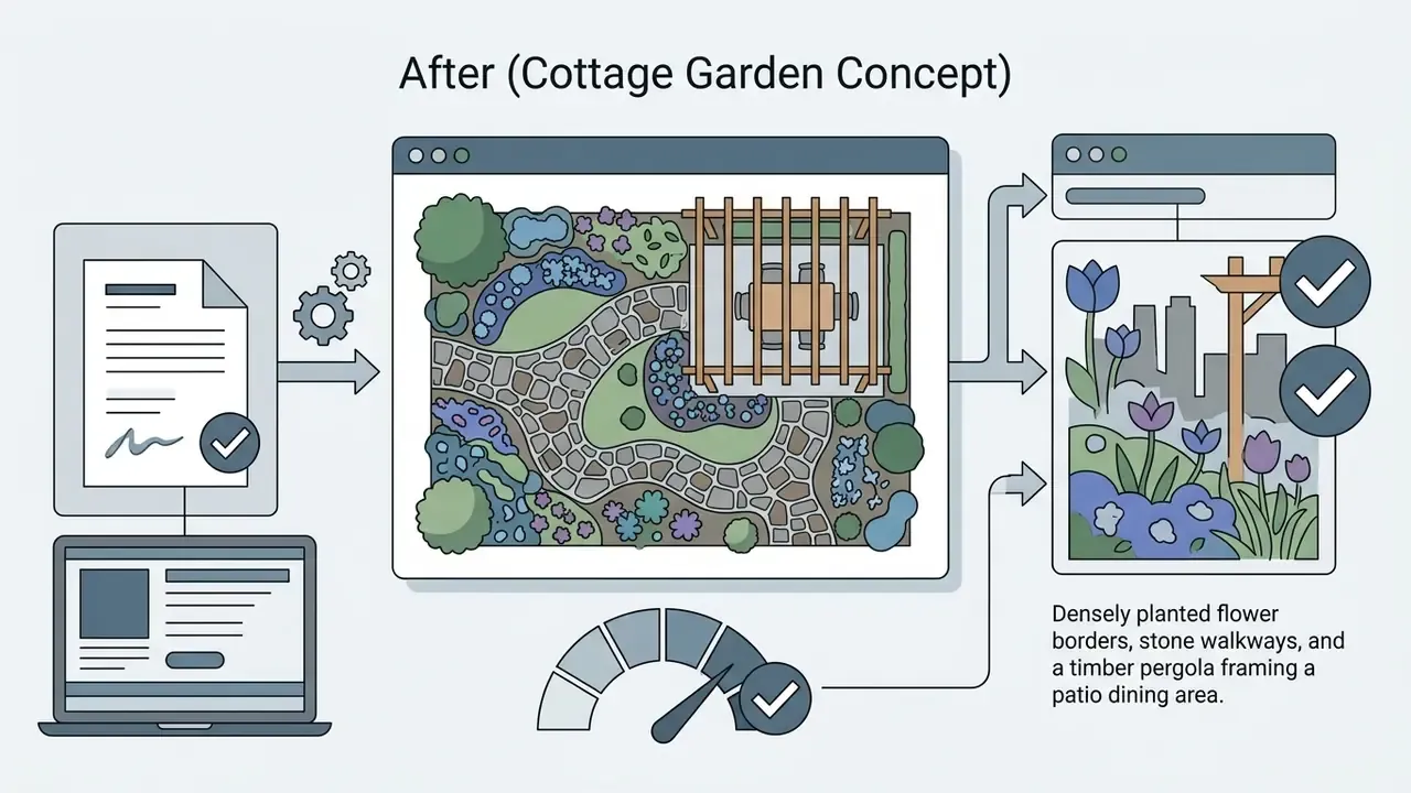 AI landscape generator transforming site documents into a detailed garden plan and rendered patio view