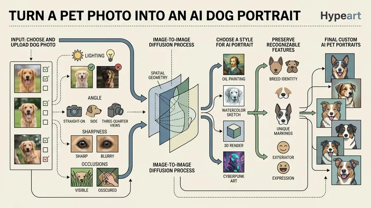 Step by step diagram showing how to prepare pet photos for AI processing and customize the final output
