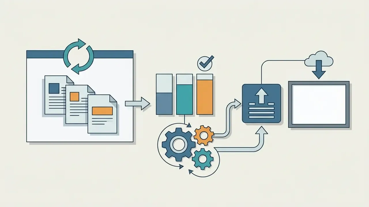 Documents moving through a gear system to be processed and saved as a final digital file