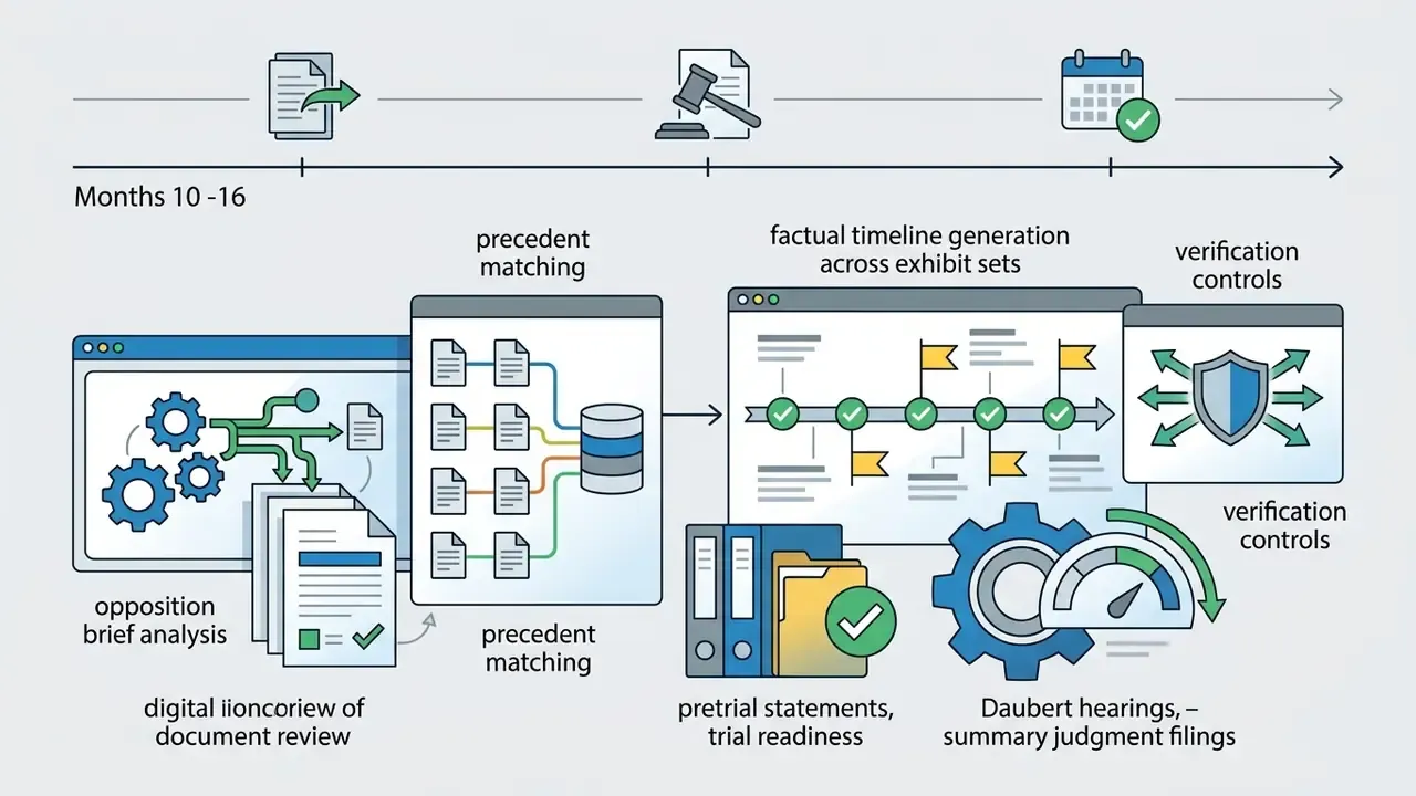 Timeline showing AI tools for opposition brief analysis, precedent matching, and factual timeline generation