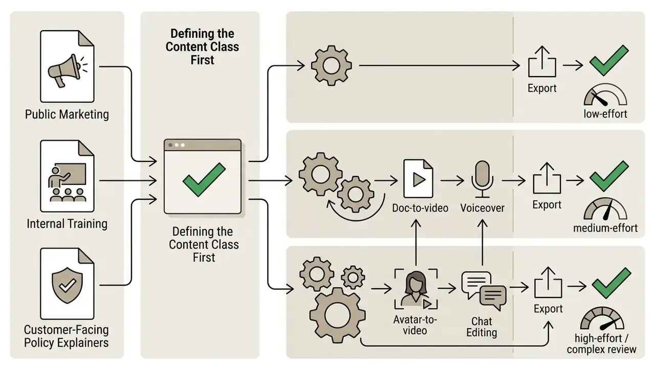 Diagram showing content classification leading to three production workflows with varying effort levels