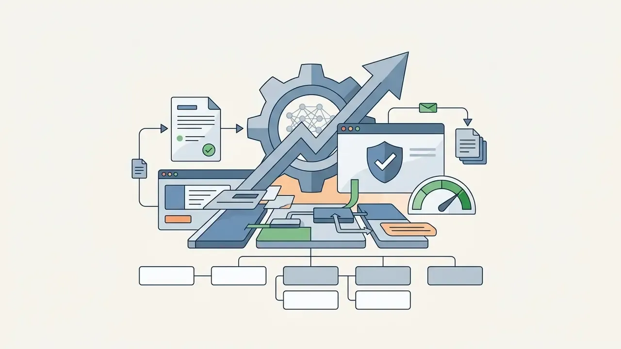 Gear and arrow icon connecting document processing, browser windows, and performance gauges