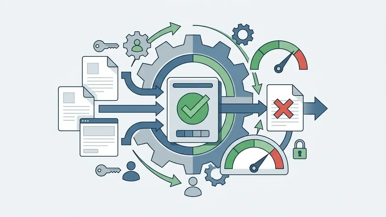 Documents and user icons flowing through a central gear mechanism with status gauges and access locks