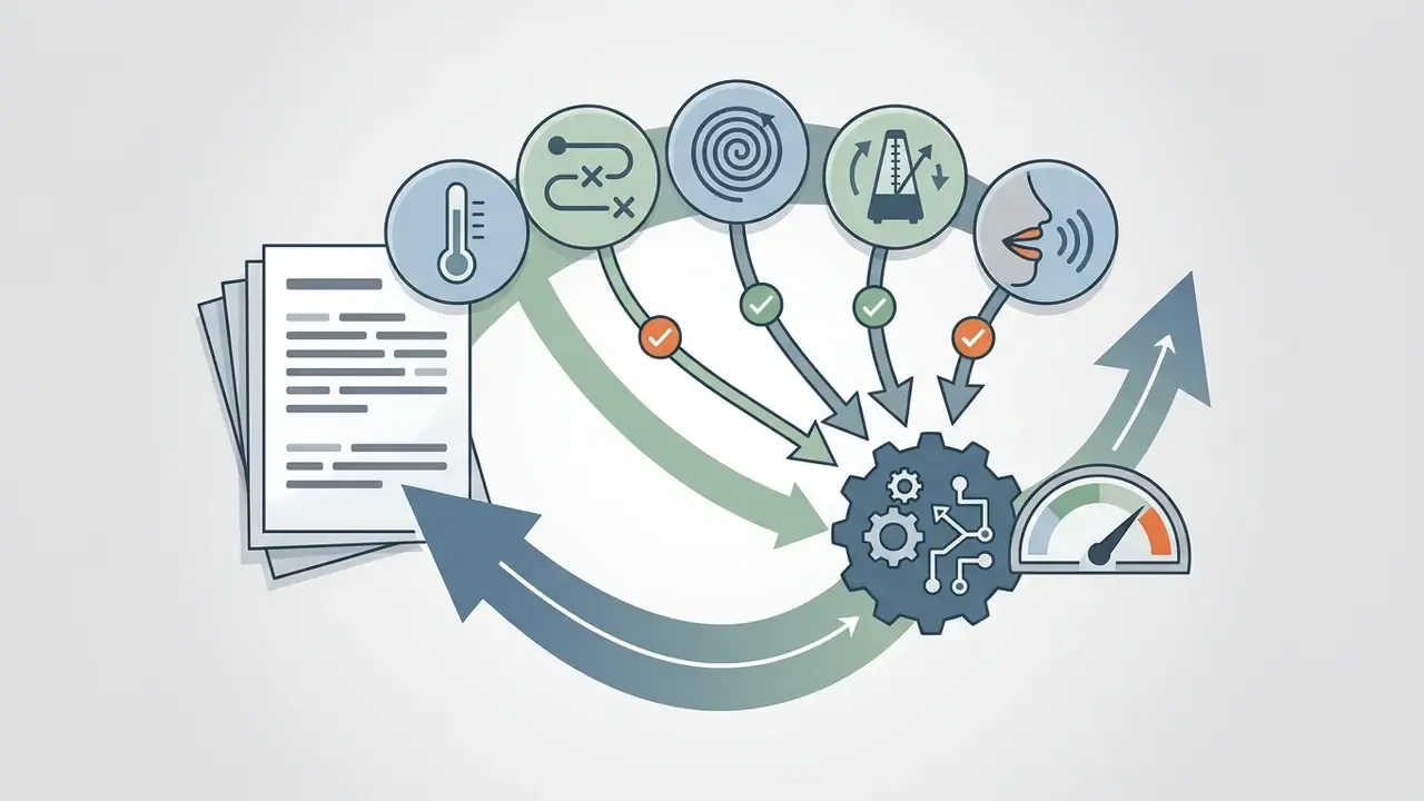 Document stack feeding into a gear system with feedback icons for adjusting narrative style and pacing