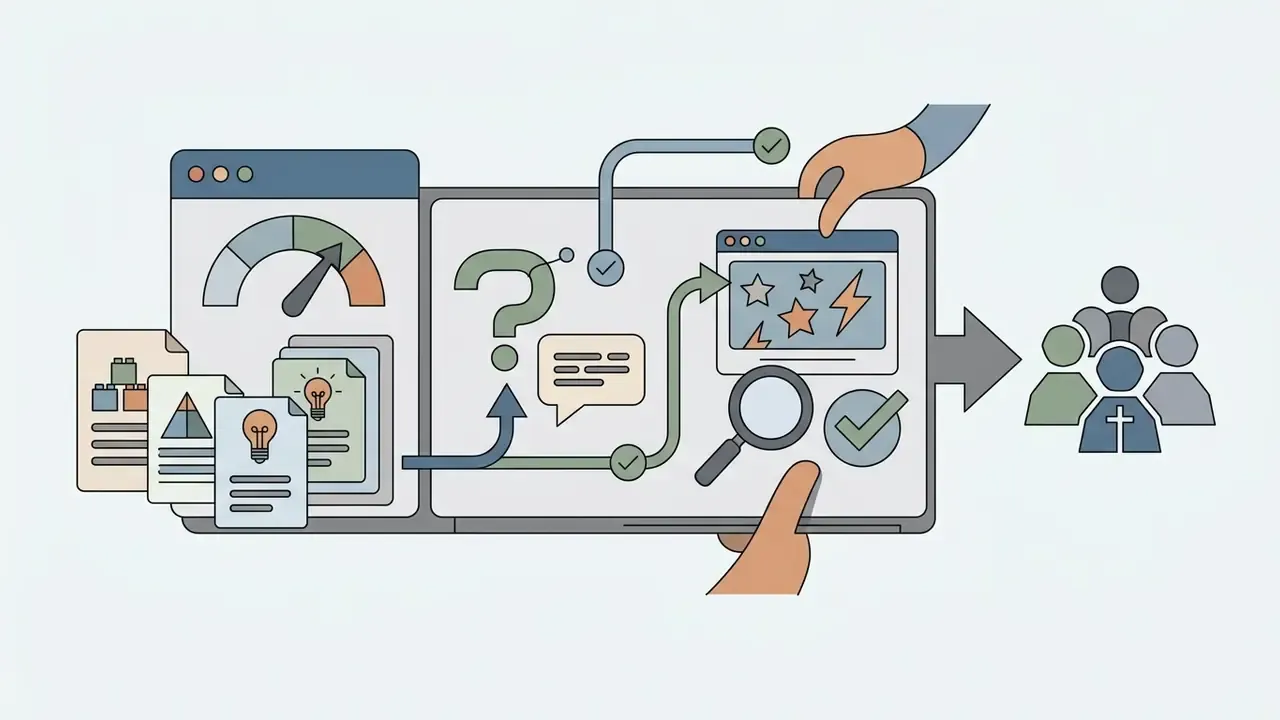 Hands interacting with digital windows, question marks, and magnifying glass to reach a group of people