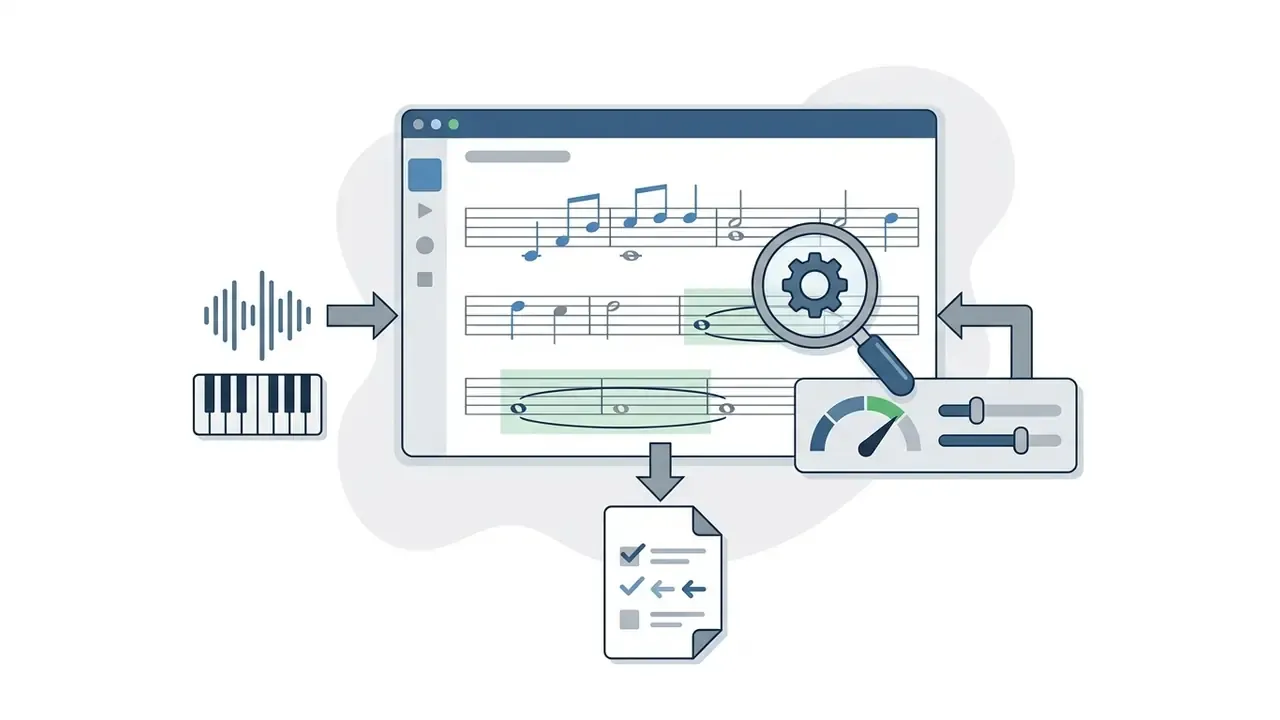 Magnifying glass with gear icon inspecting tied whole notes on a digital sheet music editor interface