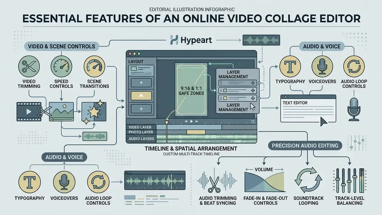 Diagram detailing timeline manipulation, spatial arrangement, and audio editing tools for media projects