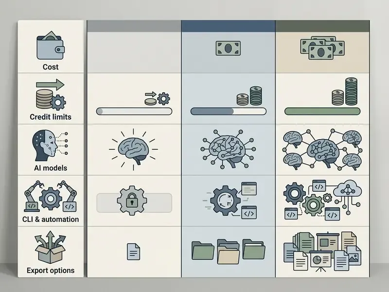 Grid comparing service tiers by cost, credit limits, AI models, automation, and export file formats