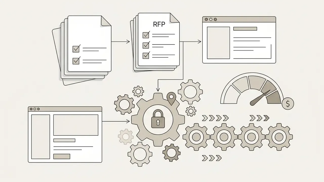 Process showing RFP documents feeding into software systems and gears linked to a cost gauge