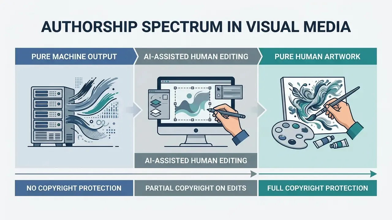 Diagram illustrating the authorship spectrum from machine output to human art with copyright levels